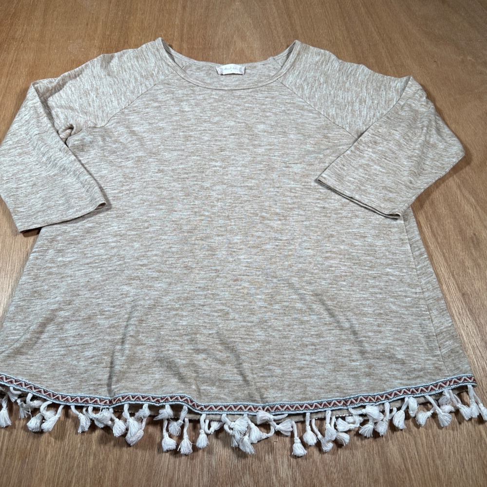 Altar'd State Top Women Medium Tan Boho Tassel Fringe Marled Knit Raglan Sleeve